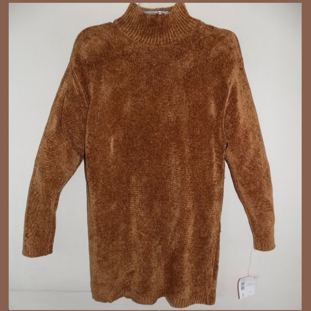 NWT Oversize copper brown sweater S Chenille Mock T-neck Rayon bl Extra-long